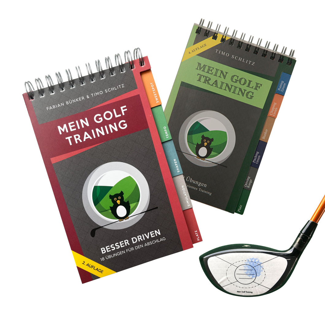 Beide Bücher von Mein Golf Training aus dem All Square Verlag + Impact Tapes (40 Stück) + Pitchgabel (Silber)